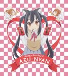  angel animal_ears black_hair blush_stickers box brand_name_imitation brown_eyes cat_ears checkered checkered_background food hirasawa_ui hirasawa_yui k-on! long_hair minigirl mouth_hold multiple_girls nakano_azusa pocky ribbon sakuragaoka_high_school_uniform school_uniform shirohebidou twintails 