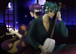  back-to-back bad_id bad_pixiv_id blue_hair crescent_moon gintama headphones instrument kawakami_bansai kiseru male_focus moon multiple_boys music night pipe playing_instrument purple_hair shamisen shiroyasha sunglasses takasugi_shinsuke 