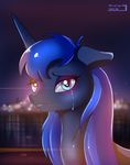  blue_eyes blue_fur blue_hair city crying equine female feral friendship_is_magic frown fur hair horn horse long_hair looking_at_viewer mammal my_little_pony night pony princess_luna_(mlp) royalty skyline19 solo stars tears water winged_unicorn wings 