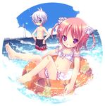  1girl barefoot bikini bikini_skirt blue_eyes child hands_on_hips inflatable_armbands innertube kiira male_swimwear navel ocean original pink_hair purple_eyes short_hair short_twintails smile swim_trunks swimsuit swimwear twintails water white_hair 