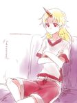  blonde_hair couch crossed_arms horn hoshiguma_yuugi jaoooo long_hair red_eyes shirt shorts sitting six_(fnrptal1010) solo t-shirt touhou 