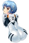  ass ayanami_rei bangs blue_hair blush bodysuit cowboy_shot cropped_legs embarrassed from_behind gloves hair_ornament hand_on_own_chin kemi_(kemi433) leaning_forward looking_at_viewer looking_back neon_genesis_evangelion number pilot_suit plugsuit raised_eyebrows red_eyes shiny shiny_clothes short_hair simple_background skin_tight solo turtleneck white_background white_bodysuit 