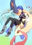  1girl aqua_(kingdom_hearts) artist_request bare_shoulders blue_eyes blue_hair blush boots breasts bubble bubbles crossover horsea kingdom_hearts kingdom_hearts_birth_by_sleep milotic pokemon short_hair smile thighhighs vaporeon water 