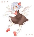  ascot bat_wings black_dress blue_hair blush cosplay dress fang hair_ribbon is_that_so long_sleeves maru_usagi open_mouth outstretched_arms red_eyes remilia_scarlet ribbon rumia rumia_(cosplay) shirt simple_background smile solo touhou translated uu~ white_background wings 