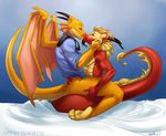  4_toes acroth anthro beard blonde_hair blue_background bottomless caress clothed clothing couple ddraglais dragon duo embrace eyes_closed facial_hair gay goatee hair half-dressed holding horn hug kissing love lovers male necktie nude passion plain_background red_dragon romantic scalie tokifuji topless western_dragon whiskers wings yellow_dragon 