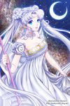  back_bow bare_shoulders bishoujo_senshi_sailor_moon blue_eyes bow bracelet breasts cleavage crescent crown double_bun dress facial_mark flower forehead_mark hair_flower hair_ornament jewelry long_hair medium_breasts necklace neo_queen_serenity shainea smile solo staff strapless strapless_dress tsukino_usagi twintails white_dress white_hair 
