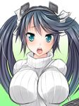  between_breasts black_hair blush breasts green_eyes isuzu_(kantai_collection) kantai_collection large_breasts long_hair looking_at_viewer maki_(seventh_heaven_maxion) open_mouth ribbed_sweater ribbon sketch solo strap_cleavage sweater turtleneck twintails 