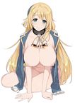  atago_(kantai_collection) blonde_hair blush breasts green_eyes hat kantai_collection large_breasts long_hair looking_at_viewer nipples nude shinjiro simple_background smile solo white_background 
