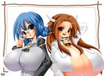  adjusting_eyewear animal_ears bell bell_collar blue_hair blush borrowed_character breasts brown_eyes brown_hair cleavage collar cow_bell cow_ears cow_girl cow_horns ego_trigger emperpep gigantic_breasts glasses hair_bun horns huge_breasts impossible_clothes long_hair mattie_(ego_trigger) multiple_girls no_bra original raine_(ego_trigger) rimless_eyewear underboob 