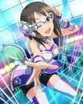  ;d artist_request boots breasts brown_hair choker cleavage fingerless_gloves glasses gloves headset idolmaster idolmaster_cinderella_girls kamijou_haruna laser lights medium_breasts official_art one_eye_closed open_mouth shorts smile solo star thigh_boots thighhighs 