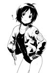  amagi_mizuha bomber_jacket greyscale jacket looking_at_viewer monochrome one-piece_swimsuit open_clothes open_jacket short_hair simple_background solo swimsuit swimsuit_under_clothes vividred_operation watarai_keiji white_background 