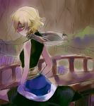  against_railing blonde_hair bridge green_eyes mizuhashi_parsee off_shoulder pointy_ears railing scarf short_hair six_(fnrptal1010) solo touhou 