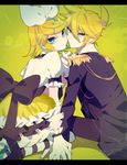  1girl bad_id bad_pixiv_id blonde_hair brother_and_sister dress formal from_behind gloves green_eyes hair_ornament hair_ribbon hairclip holding_hands kagamine_len kagamine_rin looking_at_viewer looking_back military military_uniform oniyama831 puffy_sleeves ribbon short_hair siblings sitting striped striped_legwear twins uniform vocaloid white_gloves 