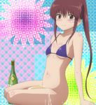  alcohol bandaid bangs bikini blush bottle bottomless brown_hair champagne green_eyes kissxsis long_hair looking_at_viewer midriff no_panties sitting smile string_bikini suminoe_riko swimsuit very_long_hair 