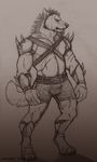  armor belt biceps canine chest_tuft chubby claws clothing fangs fur hair kaosst male mammal musclegut muscles pecs pose shorts sketch solo standing strong teeth toe_claws topless tuft warrior warrior_pose wolf 