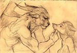  breasts canine duo ear_piercing eye_contact female horn hybrid male mammal piercing seskata sketch smile wings wolf 