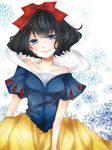  black_hair blue_eyes dress hair_ribbon masyumaro-xx ribbon short_hair smile snow_white_(disney) snow_white_and_the_seven_dwarfs snowflakes solo strapless strapless_dress 