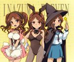  &gt;:( :o animal_ears asahina_mikuru asahina_mikuru_(cosplay) blush breasts brown_eyes brown_hair bunny_ears bunny_girl bunnysuit cleavage cosplay detached_collar detached_sleeves dress frown hat inazuma_eleven inazuma_eleven_(series) inazuma_eleven_go kita_high_school_uniform large_breasts long_hair marimo_danshaku multiple_persona nagato_yuki nagato_yuki_(cosplay) pantyhose raimon_natsumi school_uniform serafuku suzumiya_haruhi suzumiya_haruhi_(cosplay) suzumiya_haruhi_no_yuuutsu tears twintails v-shaped_eyebrows witch_hat 