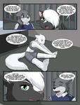  brown_eyes canine comic dialog english_text execise exercise female fur grey_fur iuana kurapika magellan_(kurapika) male mammal military prison scar skunk symbol teddy_conner text uniform white_fur wolf zack_magellan 