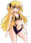  akonanosu blonde_hair blue_eyes blush commentary_request embarrassed flat_chest hair_ribbon long_hair navel quiz_magic_academy ribbon shalon solo swimsuit tankini two_side_up 