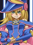  1girl angry awa bare_shoulders blonde_hair dark_magician_girl duel_monster green_eyes hat long_hair looking_at_viewer shueisha staff wand yu-gi-oh! yuu-gi-ou_duel_monsters 