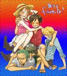  1girl 4boys group_hug happy hat hug kaneganai monkey_d_luffy multiple_boys nami nami_(one_piece) one_piece roronoa_zoro sanji shueisha straw_hat usopp 