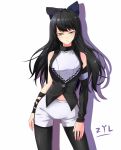  1girl absurdres asymmetrical_sleeves black_hair black_hairband black_legwear black_sleeves blake_belladonna contrapposto detached_sleeves floating_hair hairband highres long_hair long_sleeves pantyhose pantyhose_under_shorts rwby shiny shiny_hair short_shorts shorts simple_background solo standing very_long_hair white_background white_shorts yellow_eyes zyl 