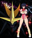  bad_id bad_pixiv_id black_hair cosplay crossed_arms gunbuster gunbuster_pose headband highres kill_la_kill leotard matoi_ryuuko mecha parody pink_leotard purple_mii short_hair solo takaya_noriko takaya_noriko_(cosplay) top_wo_nerae! 