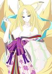  :&lt; admiraryu animal_ears blonde_hair blue_eyes breasts fox_ears fox_tail japanese_clothes kimono large_breasts long_hair off_shoulder omachi rance_(series) sengoku_rance shawl solo tail 