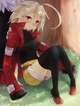  :o ahoge blazblue blonde_hair blush breasts cosplay covered_navel highres jacket lambda-11 long_hair medium_breasts on_grass outdoors ragna_the_bloodedge ragna_the_bloodedge_(cosplay) red_eyes shorts sitting solo_focus tree under_tree yuya_(oshidori) 