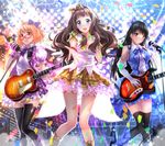  3girls :d band bass_guitar black_hair black_legwear blue_eyes blush bracelet brown_eyes brown_hair confetti elbow_gloves glasses gloves glowstick guitar highres idol instrument jewelry kanbara_akihito kuriyama_mirai kyoukai_no_kanata legs long_legs looking_at_viewer microphone microphone_stand multiple_boys multiple_girls music nase_hiroomi nase_mitsuki open_mouth red-framed_eyewear shindou_ai singing sleeveless smile stage stage_lights swordsouls thighhighs white_gloves yellow_eyes zettai_ryouiki 