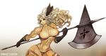  abs amazon_(dragon's_crown) armor bikini_armor black_gloves blue_eyes breasts circlet dom-dozz dragon's_crown feathers gloves hair_feathers halberd highres huge_weapon large_breasts lips long_hair muscle muscular_female navel platinum_blonde_hair polearm slender_waist solo thick_thighs thighs weapon 