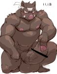  anthro balls big_balls blush boar humanoid_penis hyper hyper_penis male mammal penis porcine precum rossi_thukigata slightly_chubby solo uncut 