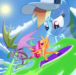  dragon fire flying jenner_darkclaw my_little_pony my_little_pony_friendship_is_magic no_humans pony rainbow_dash scootaloo self_upload spike_(my_little_pony) surfing 