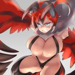  black_hair blue_eyes breasts cleavage clenched_teeth dark_skin feathered_wings feathers gen_6_pokemon harpy horns huge_breasts monster_girl multicolored_hair naso4 personification pokemon red_hair short_hair skindentation slingshot_swimsuit solo swimsuit teeth thighhighs white_hair wings yveltal 