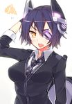  black_hair blue_vert checkered checkered_neckwear dress_shirt eyepatch hair_ornament kantai_collection machinery necktie open_mouth shirt short_hair solo squiggle tenryuu_(kantai_collection) upper_body yellow_eyes 