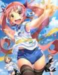  &gt;_&lt; :d armpit_peek armpits bad_id bad_pixiv_id brown_hair buruma clenched_hand clenched_hands closed_eyes cloud confetti d: day finish_line flag flags_of_all_nations foreshortening gym_uniform hair_ribbon highres lens_flare long_hair multiple_girls open_mouth original outdoors pairan pink_hair ponytail purple_hair ribbon running short_sleeves sky smile sparkle sports_festival string_of_flags thigh_gap thigh_ribbon thighhighs twintails yellow_eyes 