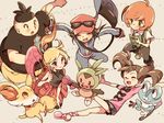  3boys atom_(@tom) bag black_hair blonde_hair brown_hair calme_(pokemon) chespin eyewear_on_head fennekin froakie gen_6_pokemon handbag hat jacket long_hair multiple_boys multiple_girls orange_hair pokemon pokemon_(creature) pokemon_(game) pokemon_xy ponytail quad_tails sana_(pokemon) serena_(pokemon) shirt shoulder_bag sleeveless sleeveless_shirt sunglasses thighhighs tierno_(pokemon) toroba_(pokemon) 