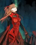  angry bangs bodysuit bracer breasts brown_hair clenched_teeth cowboy_shot evangelion:_3.0_you_can_(not)_redo eyebrows_visible_through_hair from_side gloves glowing glowing_eye green_eyes hair_between_eyes head_tilt headgear highres legs_apart long_hair medium_breasts neon_genesis_evangelion pilot_suit plugsuit rebuild_of_evangelion red_bodysuit shikinami_asuka_langley solo souryuu_asuka_langley standing tape teeth turtleneck two_side_up zorim 