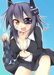  black_hair breasts checkered checkered_neckwear cleavage dress_shirt eyepatch heart kantai_collection kuzumomo large_breasts necktie open_mouth shirt shirt_pull skirt smile solo tenryuu_(kantai_collection) yellow_eyes 