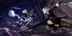  battle black_legwear braid cape duel exxe izayoi_sakuya katana konpaku_youmu konpaku_youmu_(ghost) koumajou_densetsu koumajou_densetsu_2 multiple_girls short_hair silver_hair sword thighhighs touhou twin_braids wakizashi water weapon 