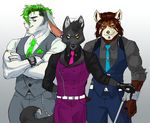  biceps brown_hair cane canine classy clothing crossed_arms ear_piercing eyebrow_piercing facial_piercing fox green_hair grin hair heterochromia lagomorph lip_piercing looking_at_viewer male mikalapine muscles necktie pants piercing plain_background pose rabbit rory_(mikalapine) shirt suit tanuki yellow_eyes 