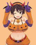  ;d alternate_costume arm_warmers bare_shoulders bell belt breasts brown_eyes brown_hair cleavage collarbone cow_bell demon_horns elbow_gloves fake_horns gloves hairband halloween head_wings horns idolmaster idolmaster_cinderella_girls jack-o'-lantern large_breasts midriff nash_(na-si) navel oikawa_shizuku one_eye_closed open_mouth orange_hairband purple_gloves short_hair shorts smile solo strap_gap 