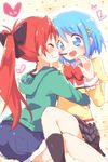  ^_^ ayakashi_(monkeypanch) blue_eyes blue_hair blush bow closed_eyes food grin hair_ornament hairclip heart highres hug long_hair mahou_shoujo_madoka_magica miki_sayaka mouth_hold multiple_girls pocky ponytail red_hair sakura_kyouko school_uniform sharing_food short_hair short_shorts shorts skirt smile yuri 