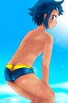  ass blue_eyes blue_hair from_behind gundam gundam_build_fighters highres iori_sei male_focus male_swimwear short_hair swim_briefs swimwear torajimaneko wet 