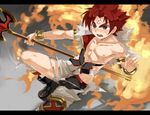  1boy amulet appllo_(shinrabanshou) armlet axe bandai blush boots boxer_briefs child fire highres humiliation male male_focus muscle nipples pants red_eyes red_hair shinrabansho shinrabanshou sleeveless sleeveless_vest solo sweatdrop tattoo teenage torn_clothes underwear vest waseda_adesaw weapon 