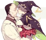  1girl age_difference cape child closed_eyes earrings facial_hair forehead gears_(scp) hat holding jewelry jotman kiss labcoat looking_at_another necktie nose_kiss parted_lips scp-239 scp_foundation short_hair size_difference skirt star witch_hat 