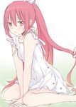  bad_id bad_pixiv_id blush dress free! hair_grab hair_ribbon highres long_hair matsuoka_gou ponytail red_eyes red_hair ribbon sakuragi_yuzuki sitting solo v_arms wariza 