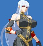  aoi_ship belt black_gloves bodysuit breasts detached_sleeves gloves halterneck huge_breasts long_hair military military_uniform pixel_art red_eyes selvaria_bles senjou_no_valkyria senjou_no_valkyria_1 silver_hair simple_background slender_waist solo uniform very_long_hair 