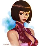  anna_williams blue_eyes bob_cut breasts brown_hair china_dress chinese_clothes cleavage cleavage_cutout dress halterneck lips lipstick makeup medium_breasts nose seeso2d short_hair solo tekken upper_body 